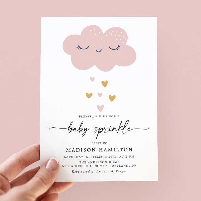 Niedliche Cloud and Hearts Pink und Gold Baby Spri Einladung (Von Creator hochgeladen)
