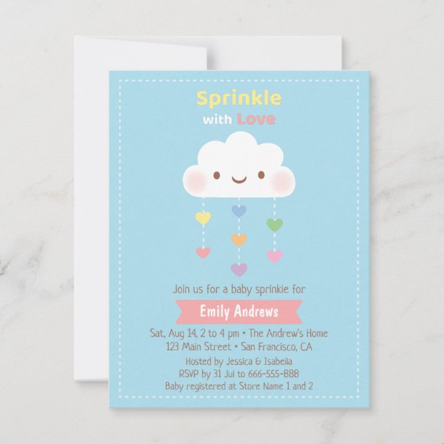 Niedliche Cloud Sprinkle Rainbow Hearts Babydusche Einladung (Vorderseite)