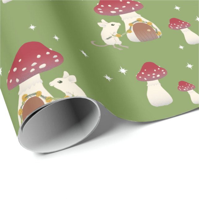 Niedliche Cogingcore-Maus Red Mushroom House Green Geschenkpapier (Rolleneckpunkt)