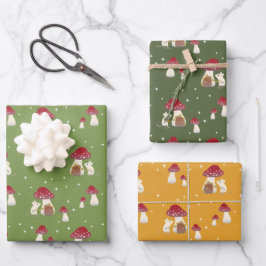 Niedliche Cogingcore-Maus Red Mushroom House Green Geschenkpapier Set