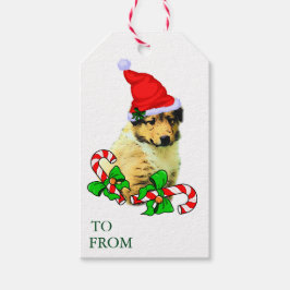 Niedliche Collie Puppy Weihnachtsmarken Geschenkanhänger