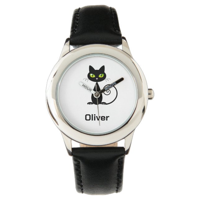 Niedliche Coole Schwarze Katze mit grüner Augen be Armbanduhr (Vorderseite)