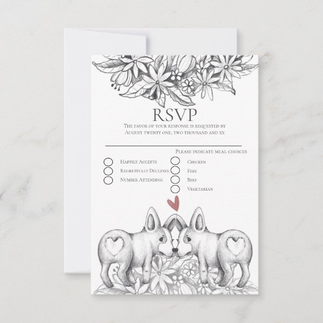 Niedliche Corgi Dogs Pencil Zeichnend Wedding RSVP (Vorderseite)