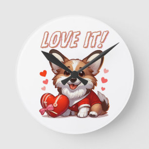 Niedliche Corgi-Liebe Runde Wanduhr