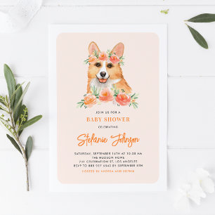 Niedliche Corgi Peach Floral Baby Dusche Einladung