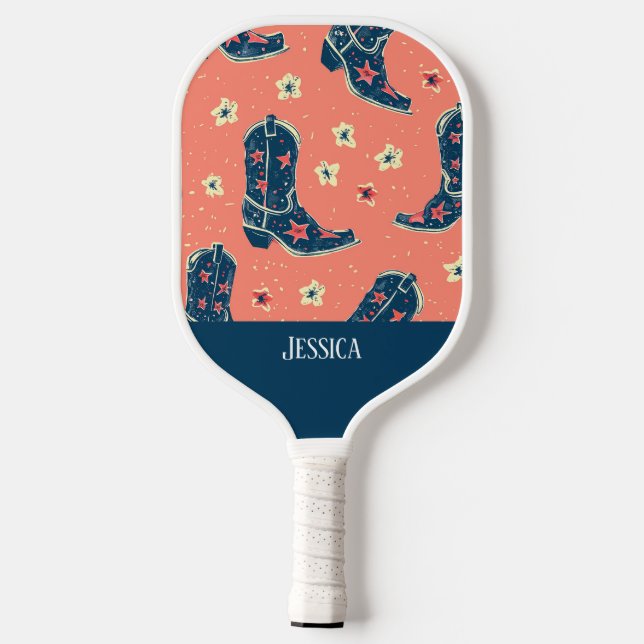 Niedliche Cowboy Stiefel Nahtlose Muster Pickleball Schläger (Rückseite)
