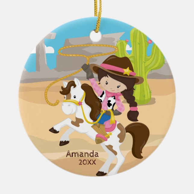 Niedliche Cowgirl-zu Pferde Keramikornament (Vorne)
