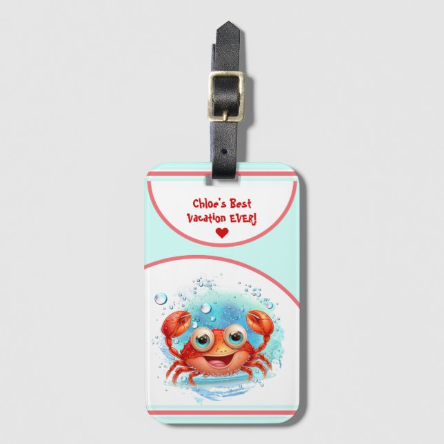 Niedliche Crab Summer Vacation Custom Text Girl Gepäckanhänger (Vorderseite Vertikal)