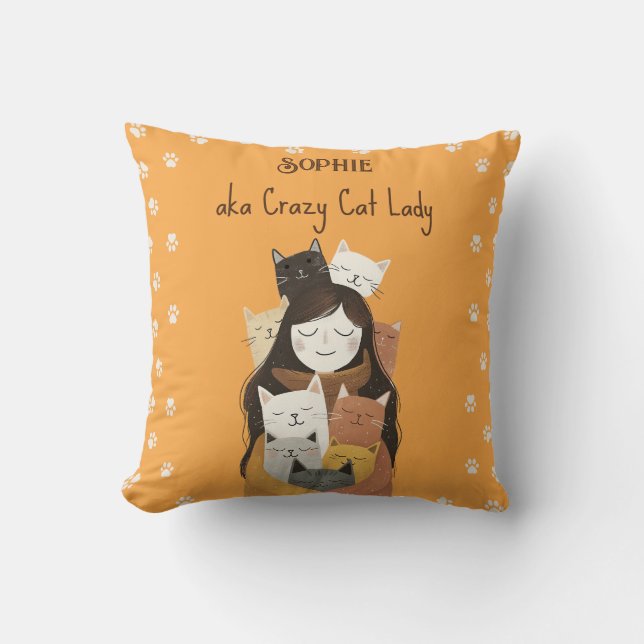 Niedliche Crazy Cat Lady Illustration mit Name Yel Kissen (Vorderseite)