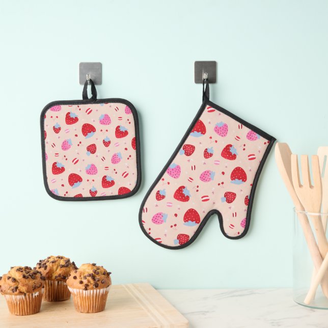 Niedliche Creme mit süßen Erdbeeren Kirschen Ofenhandschuh & Topflappen-Set (Insitu (Hängend))