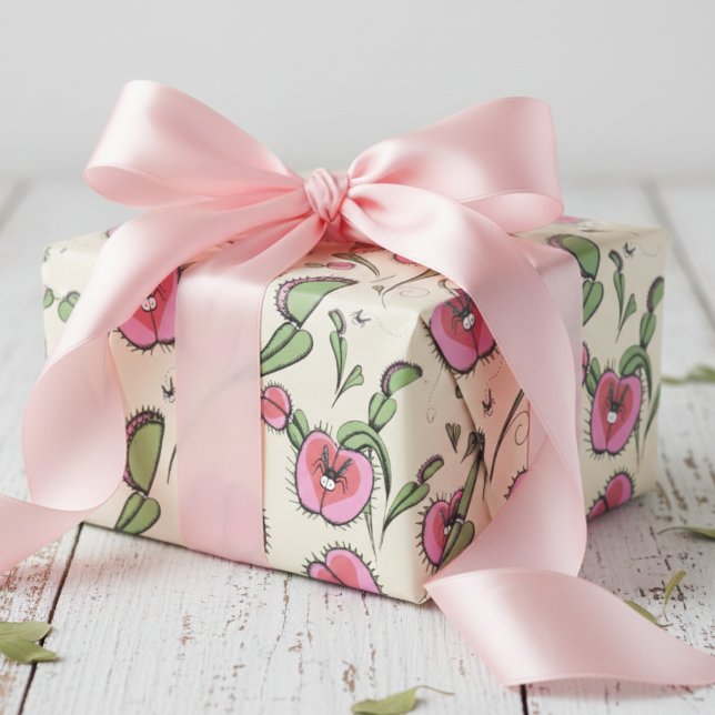 Niedliche Creme Venus Flytrap klebt auf Ihrer Lieb Geschenkpapier (Cute Botanical Venus Flytrap Plants Whimsical Kids Wrapping Paper for Valentine's Day & Birthday)