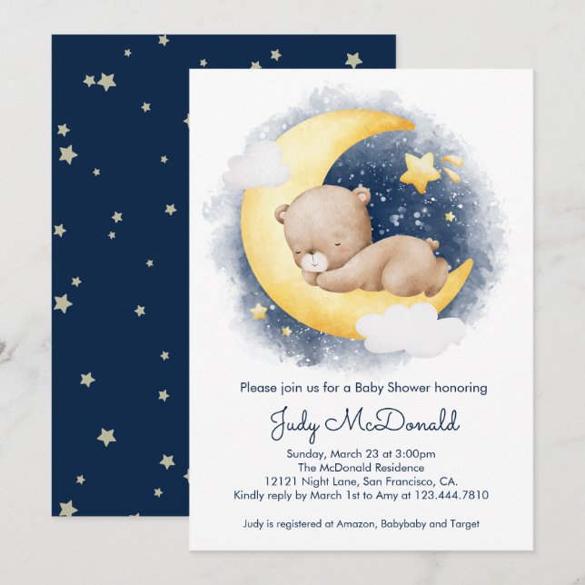 Niedliche Crescent Moon Teddy Bear Babydusche Einladung (Vorne/Hinten)