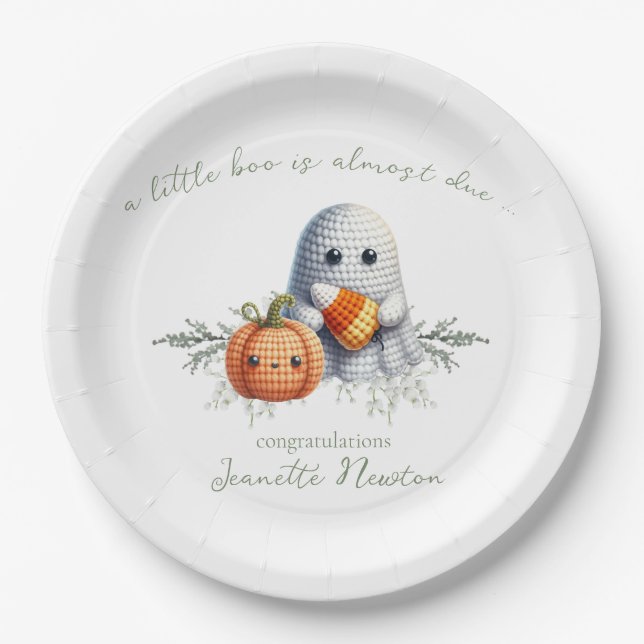 Niedliche Crochet Ghost Halloween Kinderdusche Pappteller (Vorderseite)