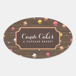 Niedliche Cupcakes Bäckerei Muster Brown Wood Ovaler Aufkleber