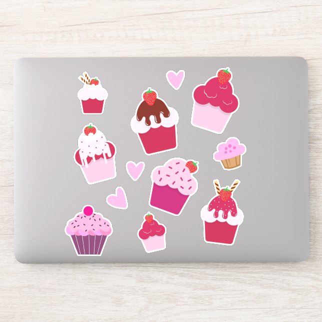 Niedliche Cupcakes und Erdbeeren Aufkleber (Computer)