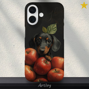 Niedliche Dackel Dog Peeking Apple Painting Initia iPhone 16 Hülle