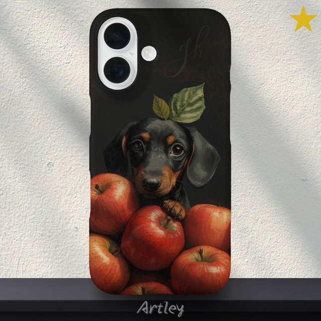 Niedliche Dackel Dog Peeking Apple Painting Initia iPhone 16 Hülle (Von Creator hochgeladen)