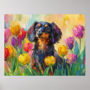 Niedliche Dackel Farbenfrohe Tulips Malerei Poster