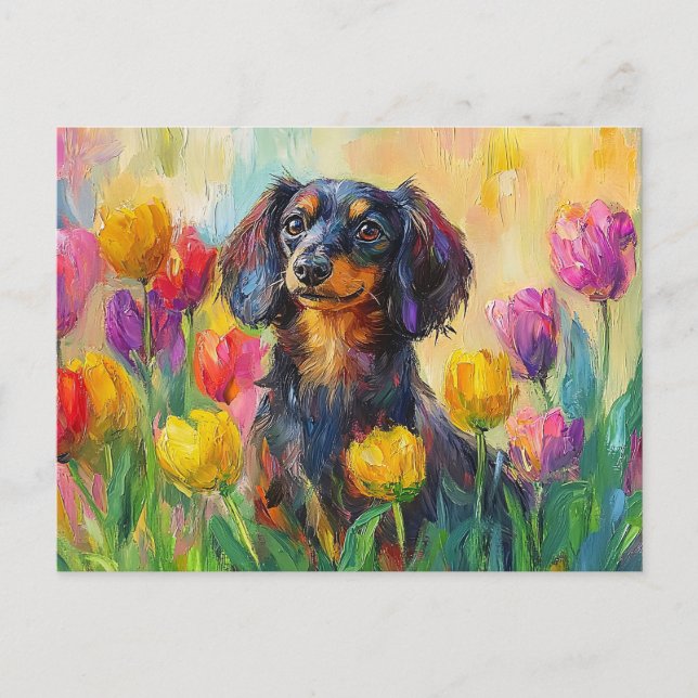 Niedliche Dackel Farbenfrohe Tulips Malerei Postkarte (Vorderseite)