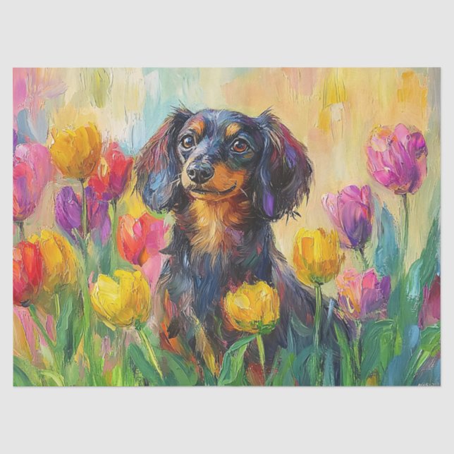 Niedliche Dackel Farbenfrohe Tulpen Entdeckungsrei Seidenpapier (Vorderseite)