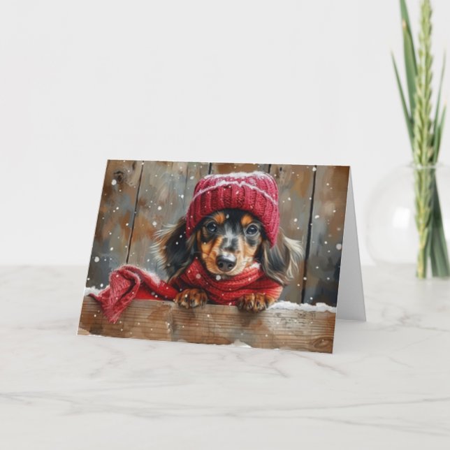 Niedliche Dackel Hund in Hat Weihnachtskarte Dankeskarte (Vorderseite)