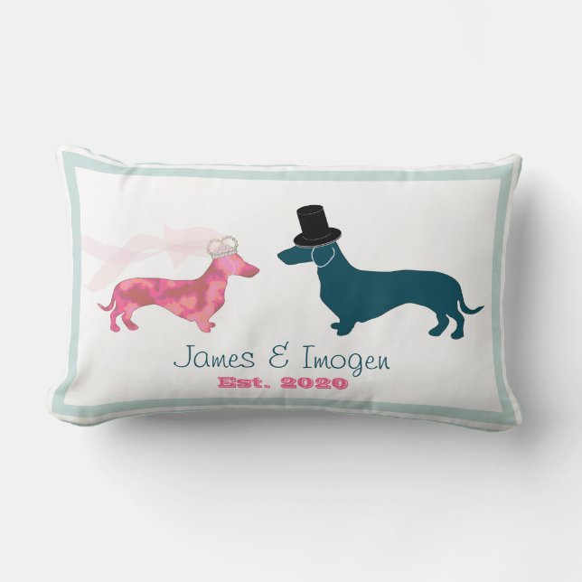 Niedliche Dackel Hund Newlywed Monogramm Lendenkissen (Vorderseite)