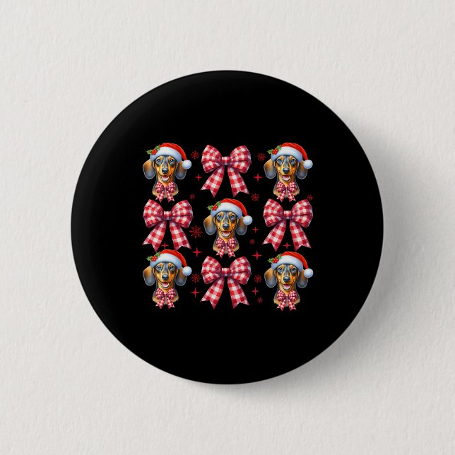Niedliche Dackel Hund Red Kariert Coquette Bow Chr Button (Vorderseite)