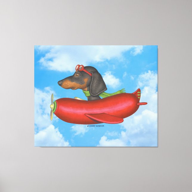 Niedliche Dackel im Red Sausage Flugzeug Leinwanddruck (Vorderseite)