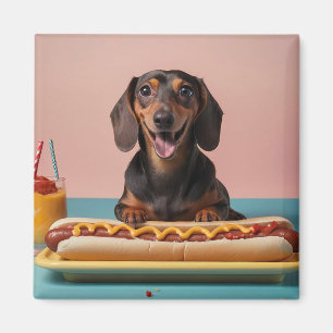 Niedliche Dackel mit Hot Dog Magnet