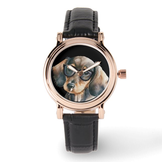 Niedliche Dackel mit schwarzer Brille Armbanduhr (Vorderseite)