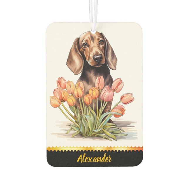 Niedliche Dackel mit Tulpen, die Freude im Haus br Autolufterfrischer (Rückseite)