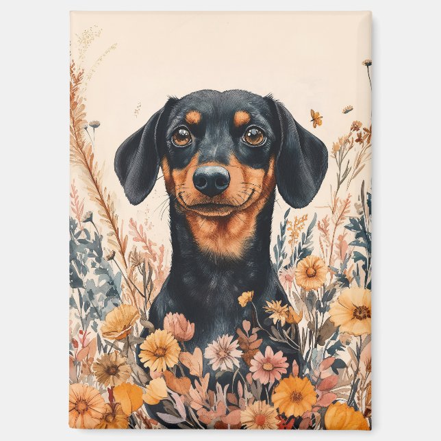 Niedliche Dackel mit Wildblumen Malerei Magnet (Vorderseite)