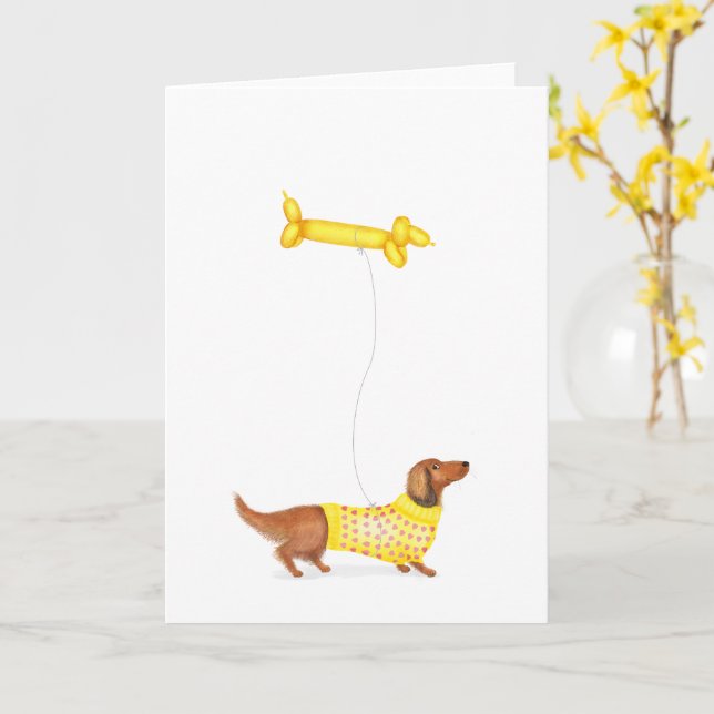 Niedliche Dackel mit Wurst-Hund-Ballonkarte Karte (Gelbe Blume)