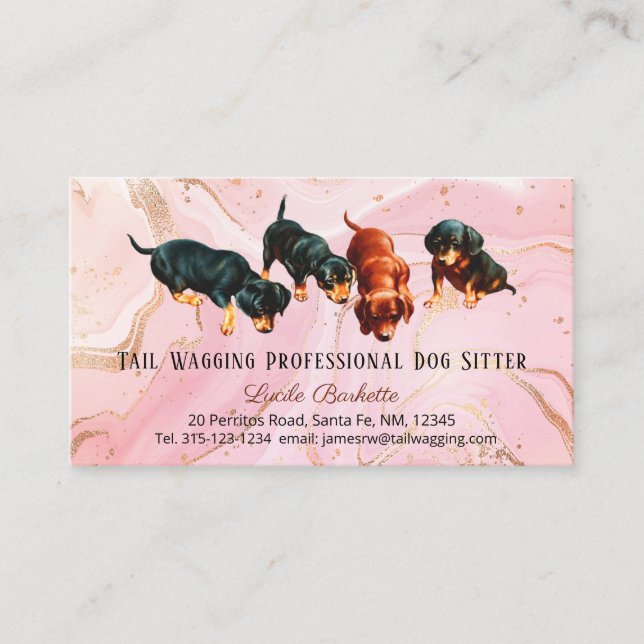 Niedliche Dackel Pups Hund Sitter Pink Gold Agate Visitenkarte (Vorderseite)