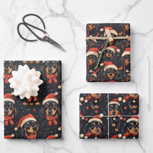 Niedliche Dackel Weihnachtsmuster Geschenkpapier Set (Vorderseite)