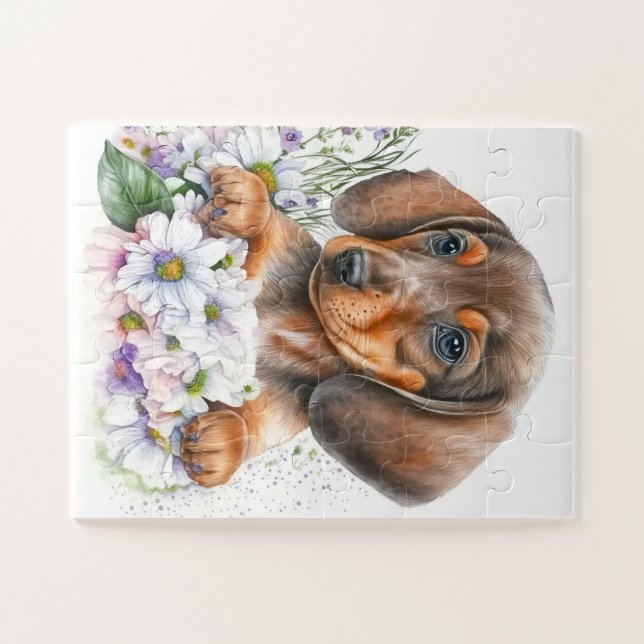 Niedliche Dackel Welpe Wasserfarben Blütenhund (Horizontal)