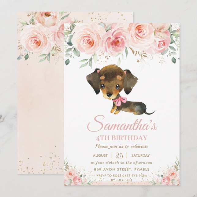 Niedliche Dackel Welpen Hund Rosa Blumenmädchen Ge Einladung (Vorne/Hinten)