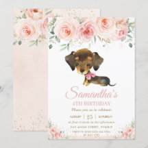 Niedliche Dackel Welpen Hund Rosa Blumenmädchen Ge