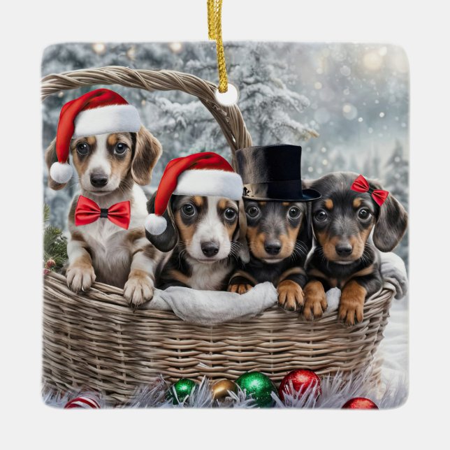 Niedliche Dackel Welpen Hunde Weihnachten Urlaub Keramikornament (Vorderseite)