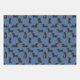 Niedliche Dackeln Muster mit blauem Hintergrund Geschenkpapier Set