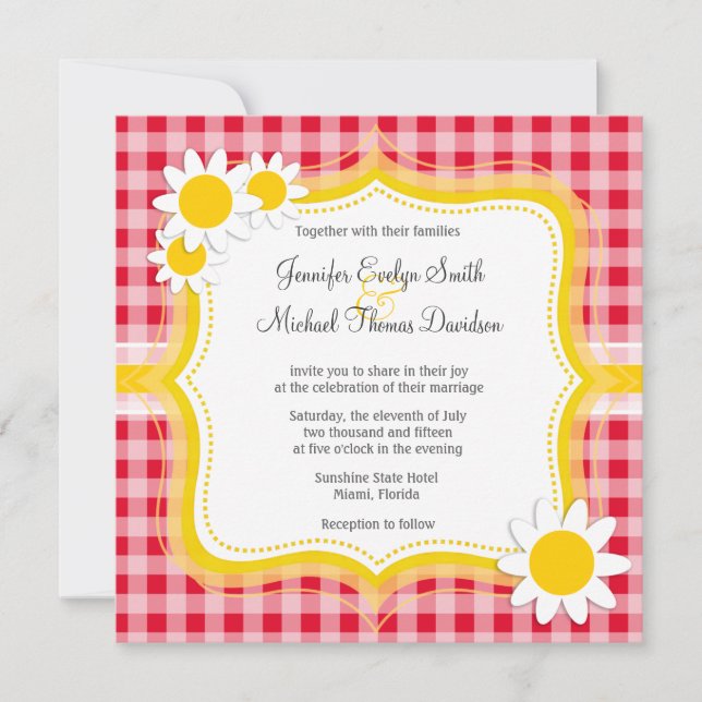 Niedliche Daisy auf Retro Scarlet Red Gingham Patt Einladung (Vorderseite)