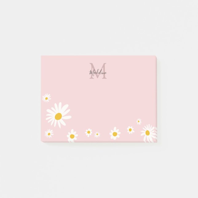 Niedliche Daisy Blume Rosa Modernes Monogramm Post-it Klebezettel (Vorderseite)