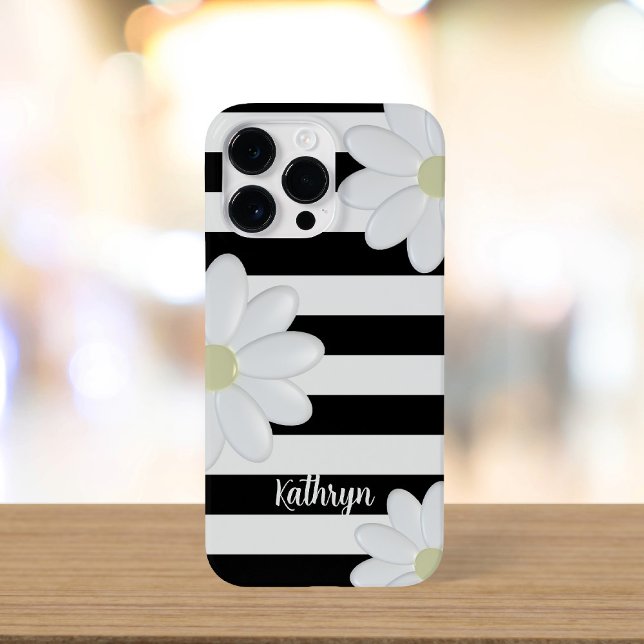 Niedliche Daisy-Floral Black und White Stripes title_seo2 (A cute black and white striped daisy phone case with space for your name)