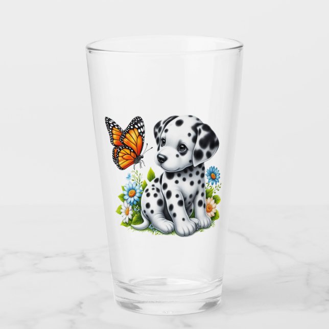 Niedliche Dalmatiner- und Schmetterlingsfreunde Glas (Vorderseite)