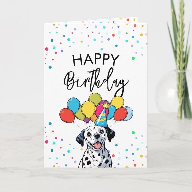Niedliche Dalmatinie mit Balloons und Confetti zum Karte (Vorderseite)