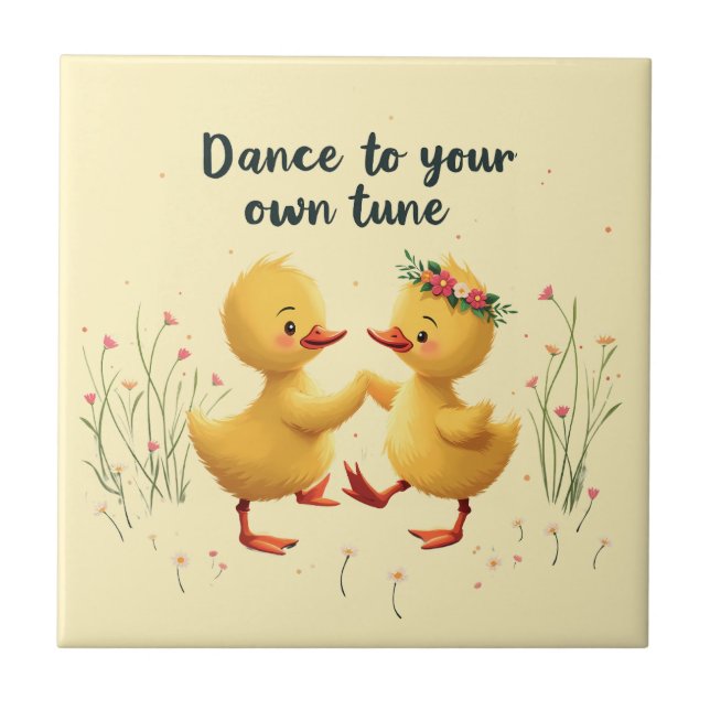 Niedliche Dancing Ducklings mit floralen Frühlings Fliese (Vorderseite)