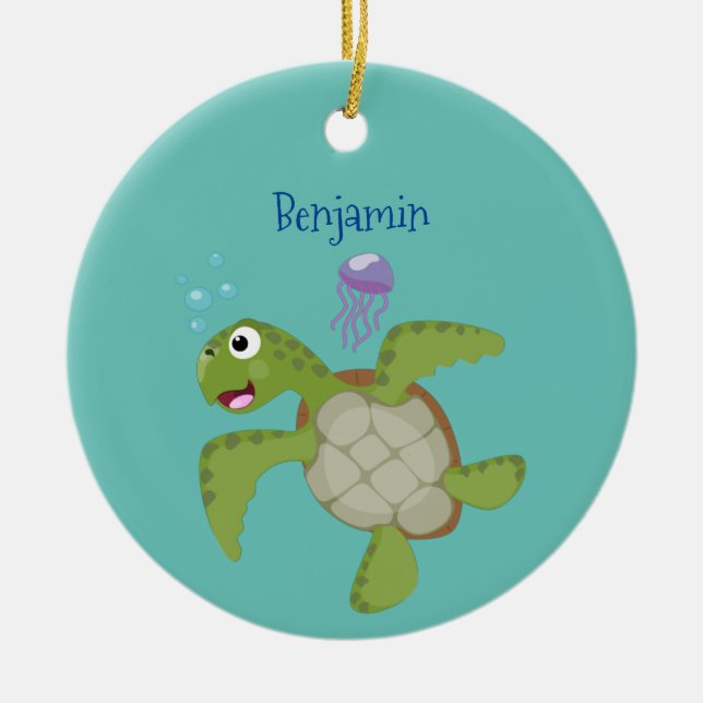 Niedliche Darstellung der Meeresschildkröte "Happy Keramik Ornament (Vorne)