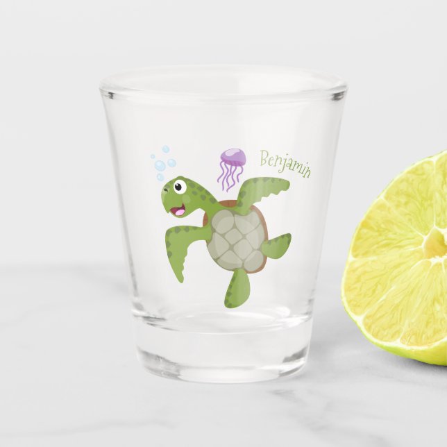 Niedliche Darstellung der Meeresschildkröte "Happy Schnapsglas (Vorderseite)