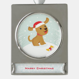 Niedliche Darstellung eines Welpen im Schnee Banner-Ornament Silber
