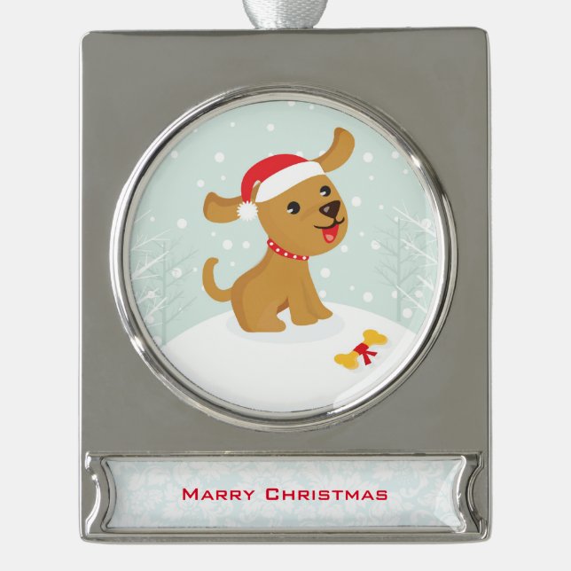 Niedliche Darstellung eines Welpen im Schnee Banner-Ornament Silber (Vorderseite)